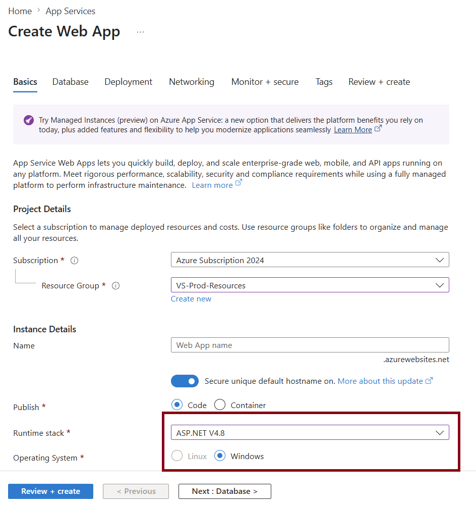 Adding a new Web App in the Azure portal