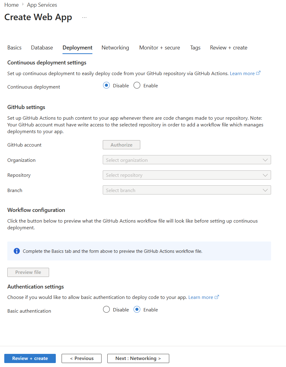 Web App creation form in Azure