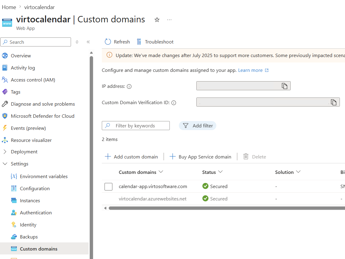 Configuring a custom domain for the Web App