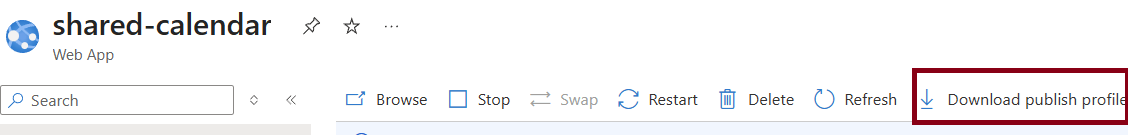 Downloading the publish profile from the Web App