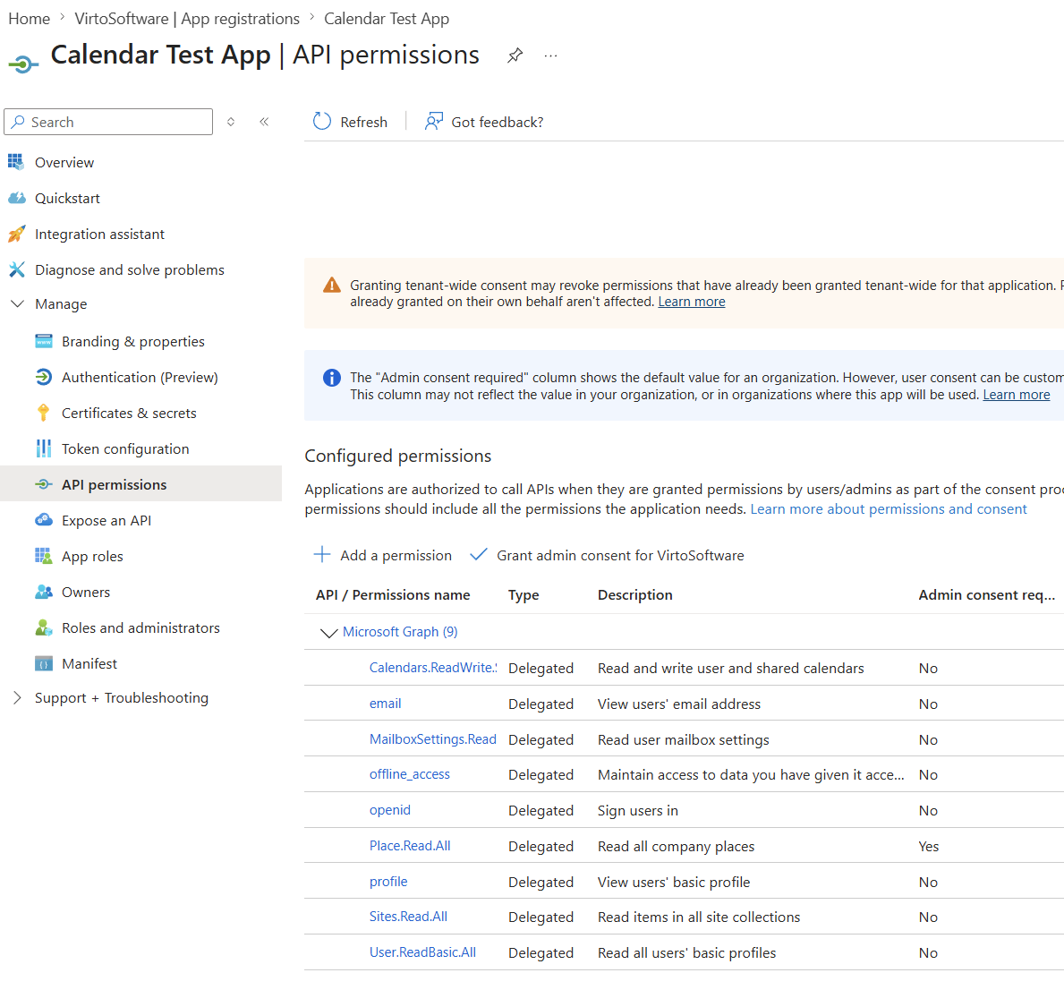 Adding API permissions to the Azure app registration