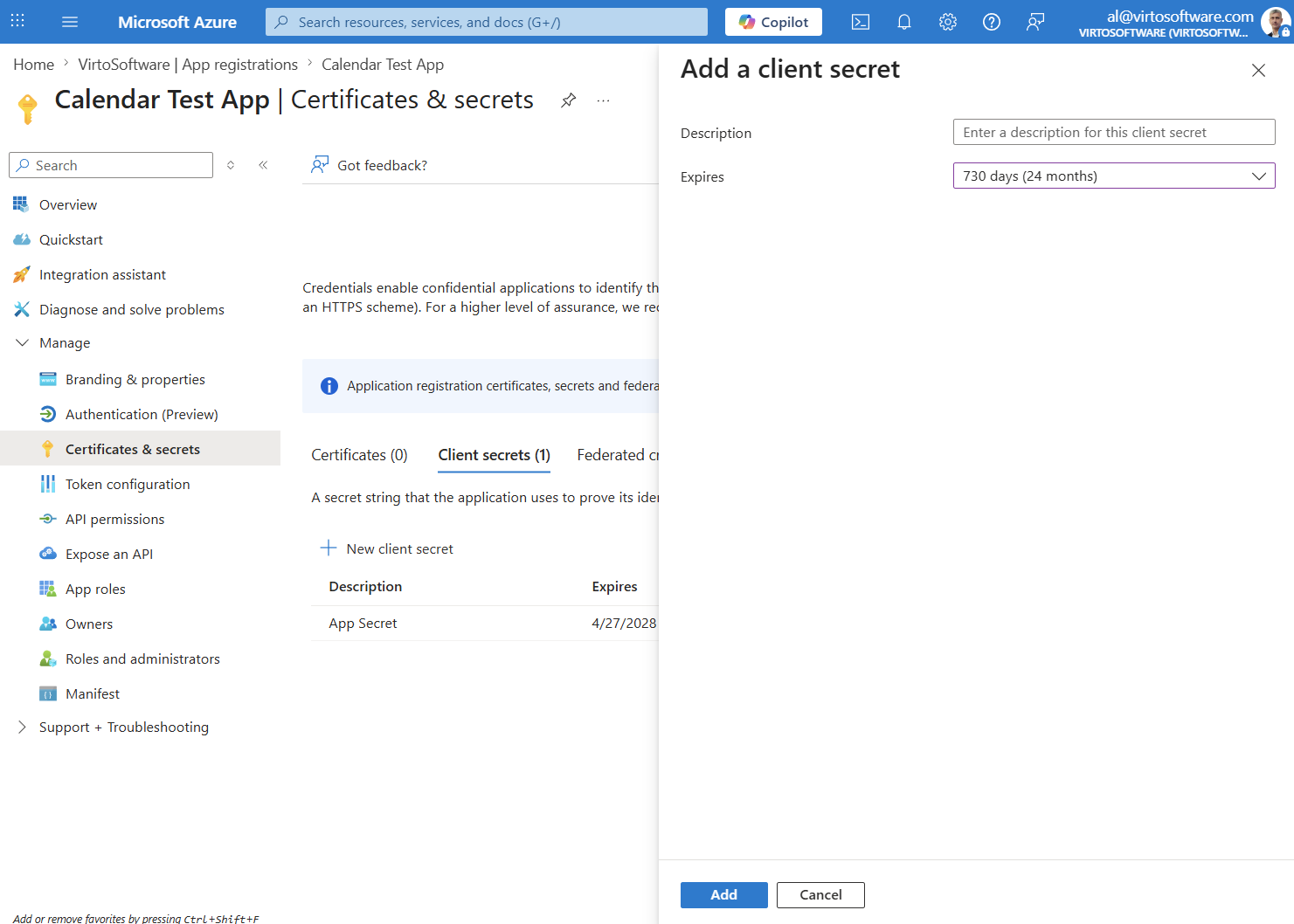 Adding a client secret to the Azure app