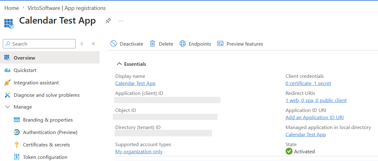 Application client ID and Directory tenant ID on the Overview page