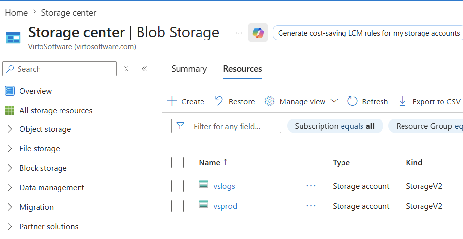 Adding a Storage account in Azure