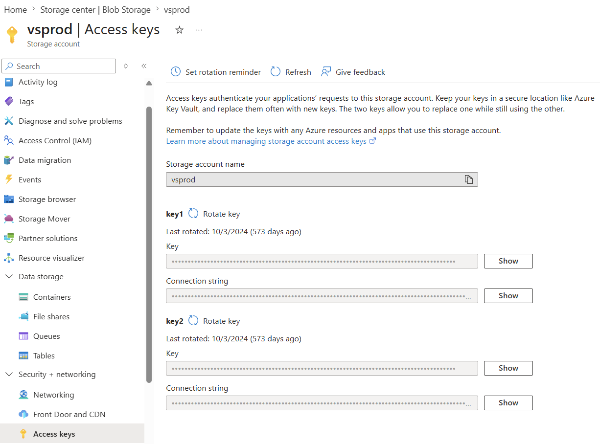Storage Account connection string in Azure