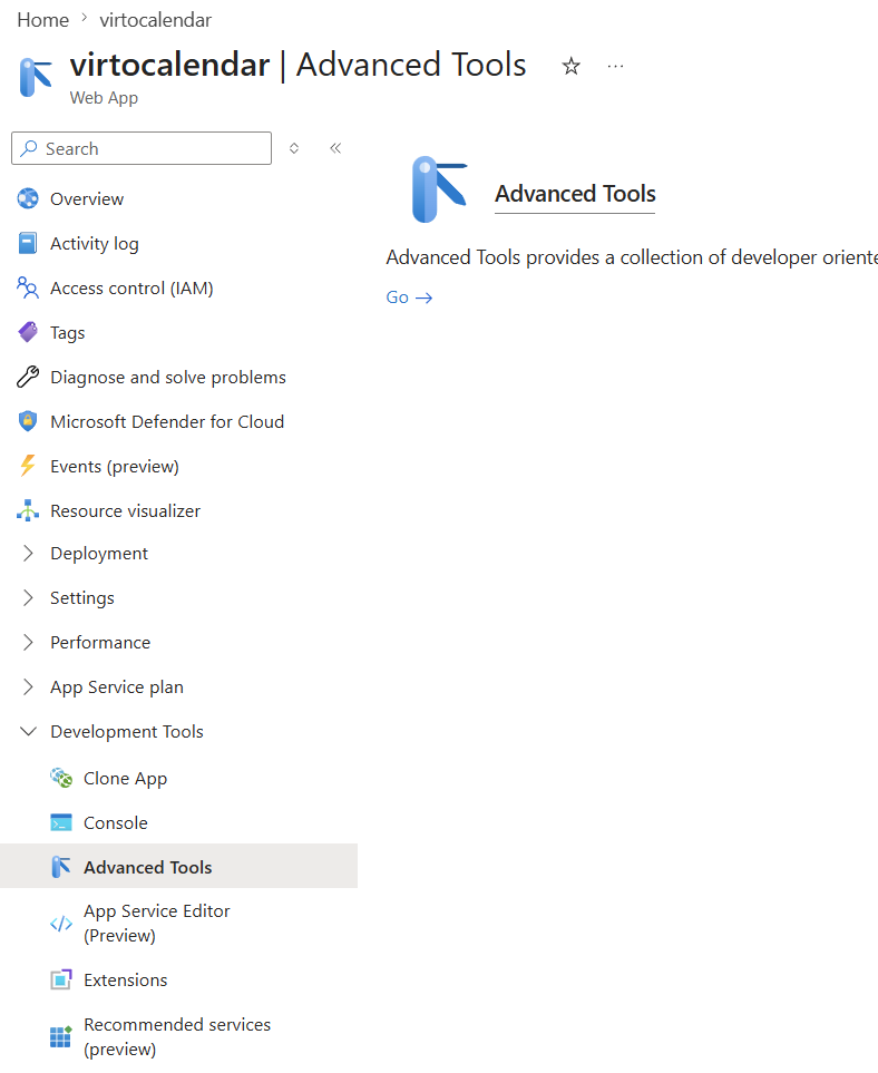 Opening Advanced Tools (Kudu) for the App Service